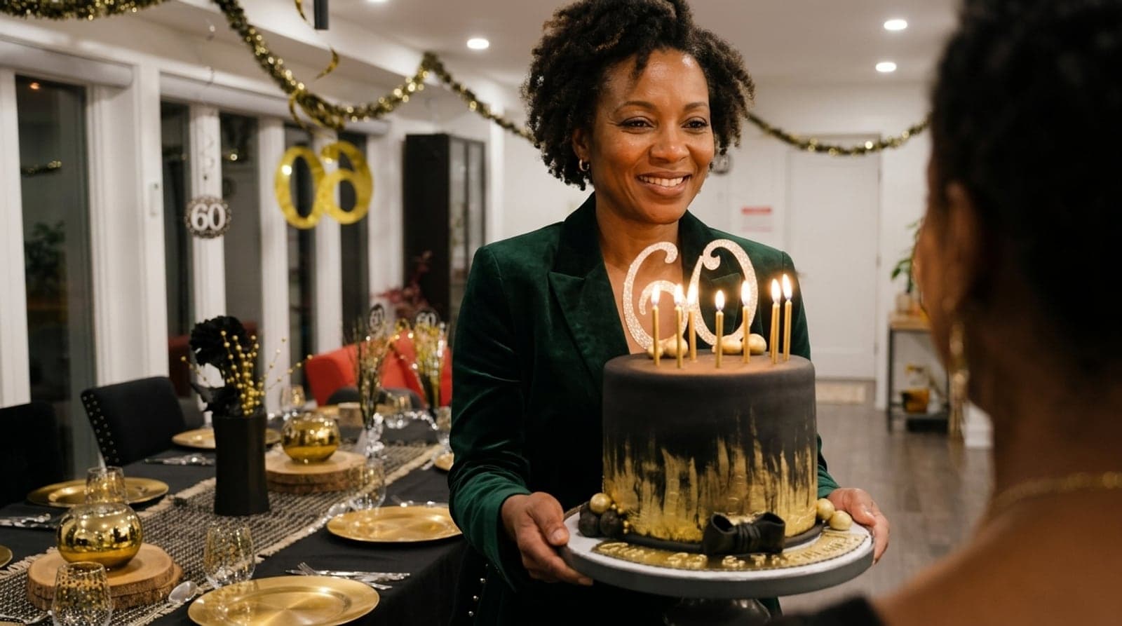 A woman in a green velvet jacket carrying a black and gold cake with lit 60 candles to a dinner table set in black and gold