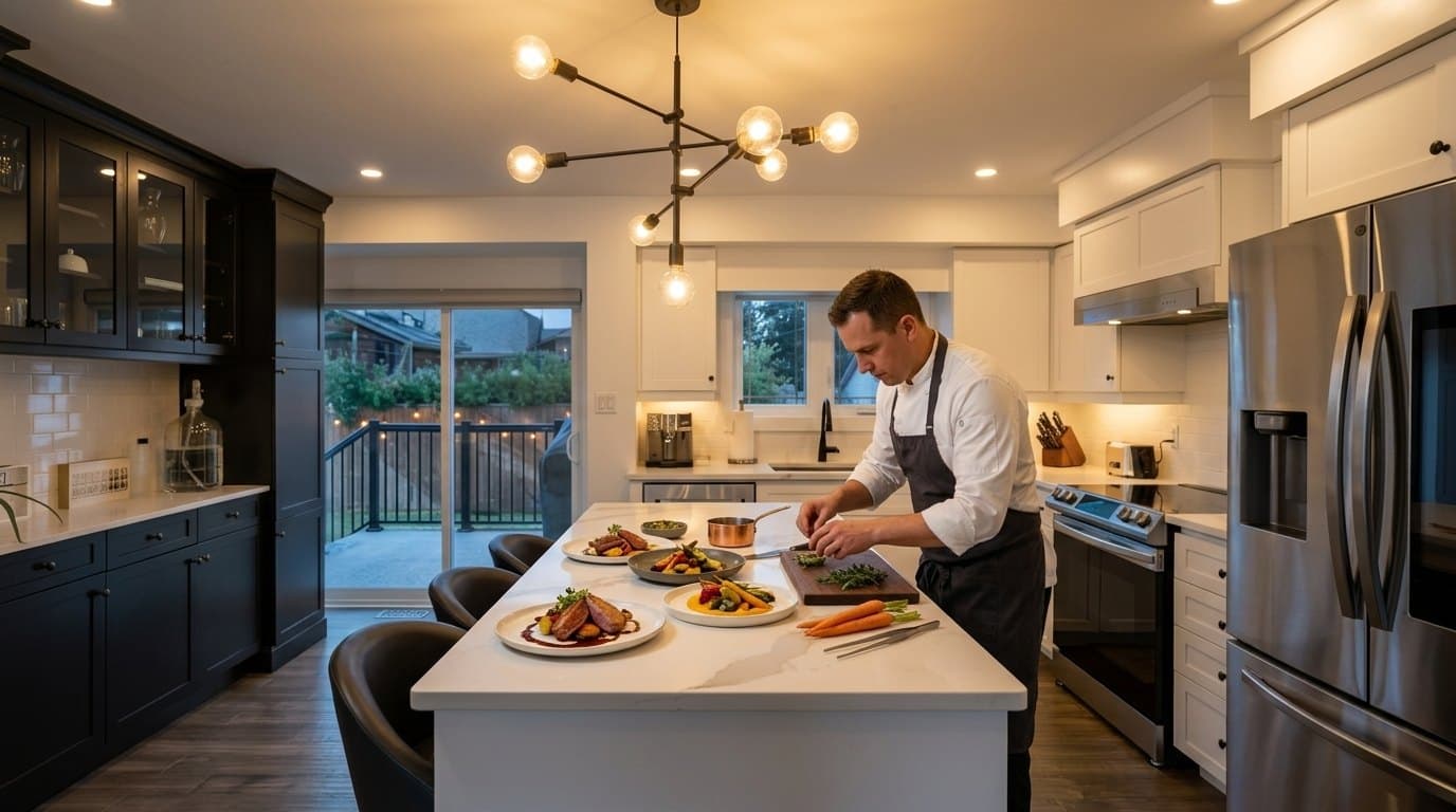 A private chef plating four courses along a kitchen island, with the range and refrigerator behind and the deck doors to one side