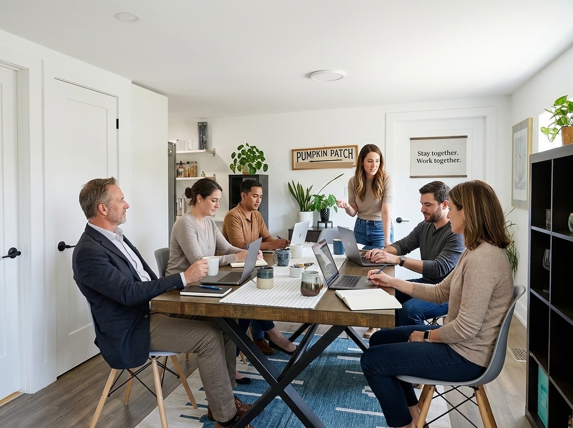 Six colleagues working around the dining table with laptops, notebooks and coffee, one of them standing to talk the others through something, and a framed sign on the wall reading Stay together. Work together.