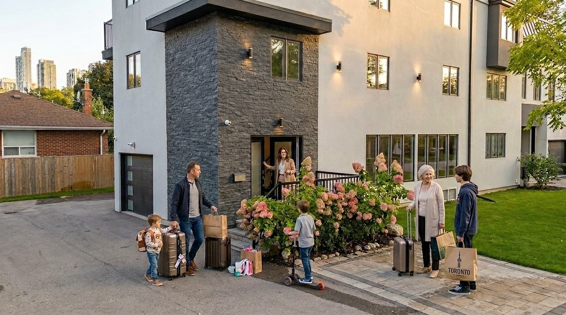 A family arriving at the house at dusk: two children with a scooter and a backpack, a father lifting cases from the driveway, a grandmother with shopping bags, and a host holding the front door open