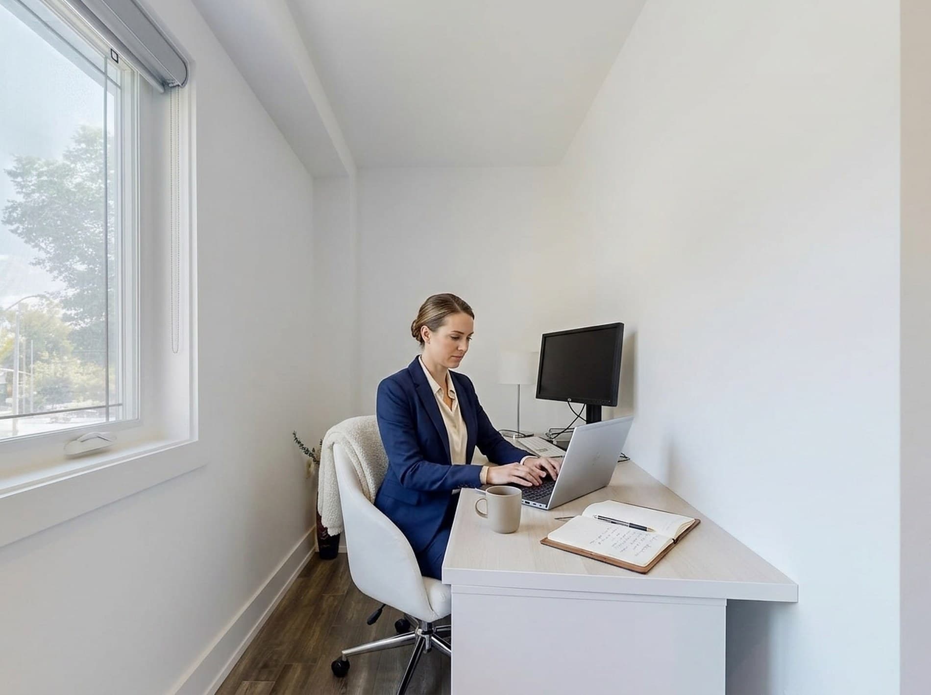 The dedicated workspace in use: a woman working at the long desk with a laptop, a second monitor, a notebook and a cup of coffee, daylight from the window beside her