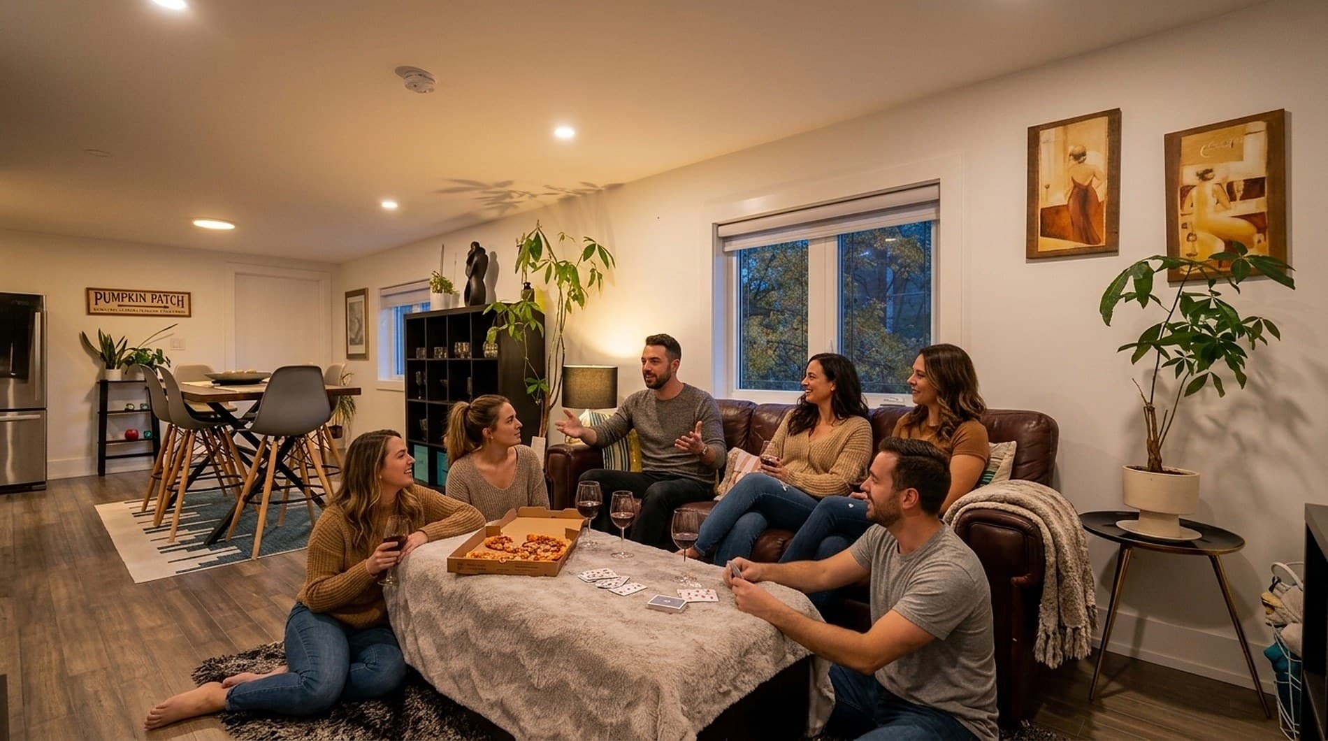 Six friends round a low table in the suite living room on a dark evening: a hand of cards dealt out, an open pizza box, glasses of red wine, and the dining area beyond