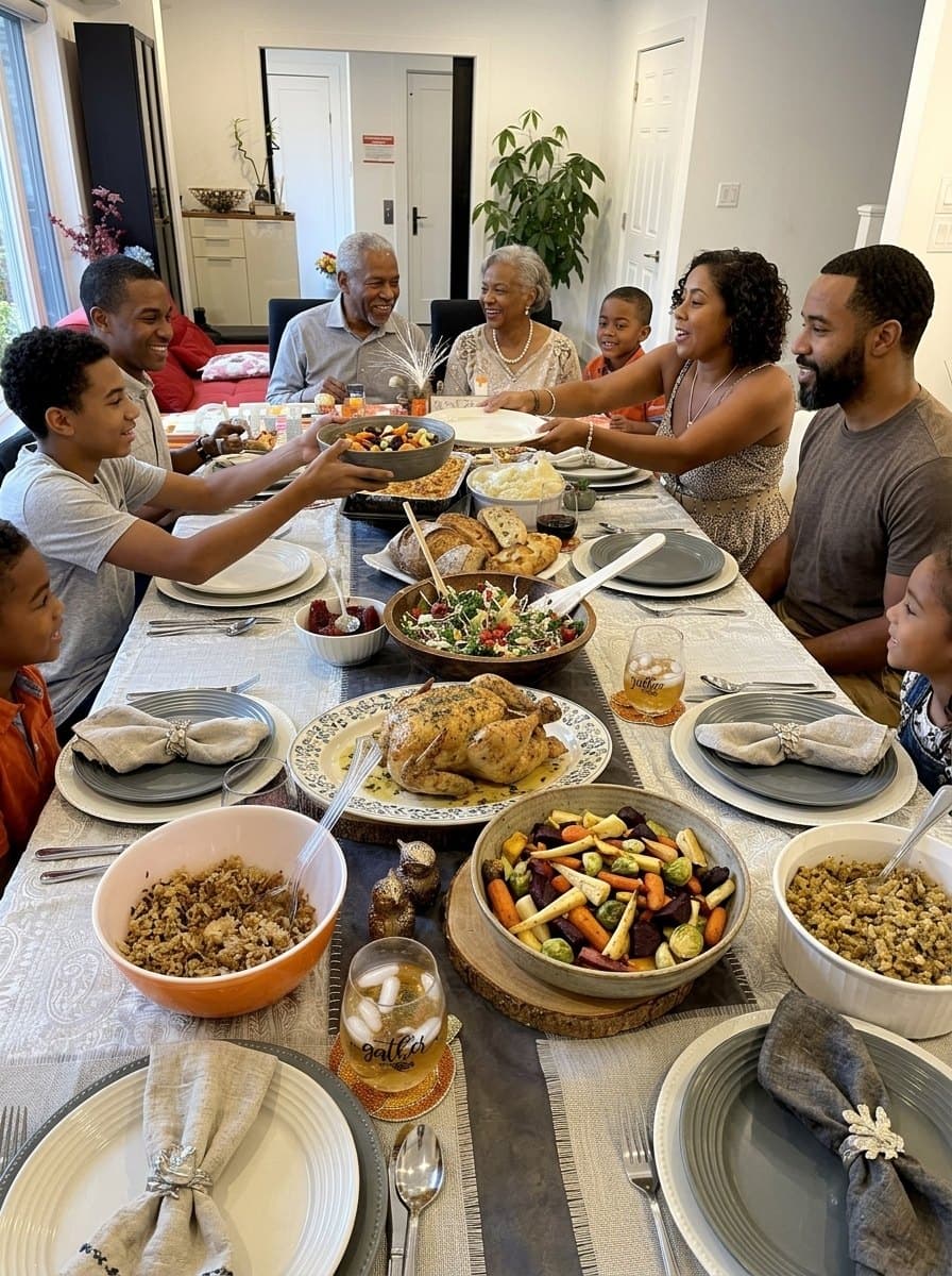 Three generations of a family passing dishes around the long dining table at Gatherwell, laid with a roast, bowls of vegetables, salad and bread