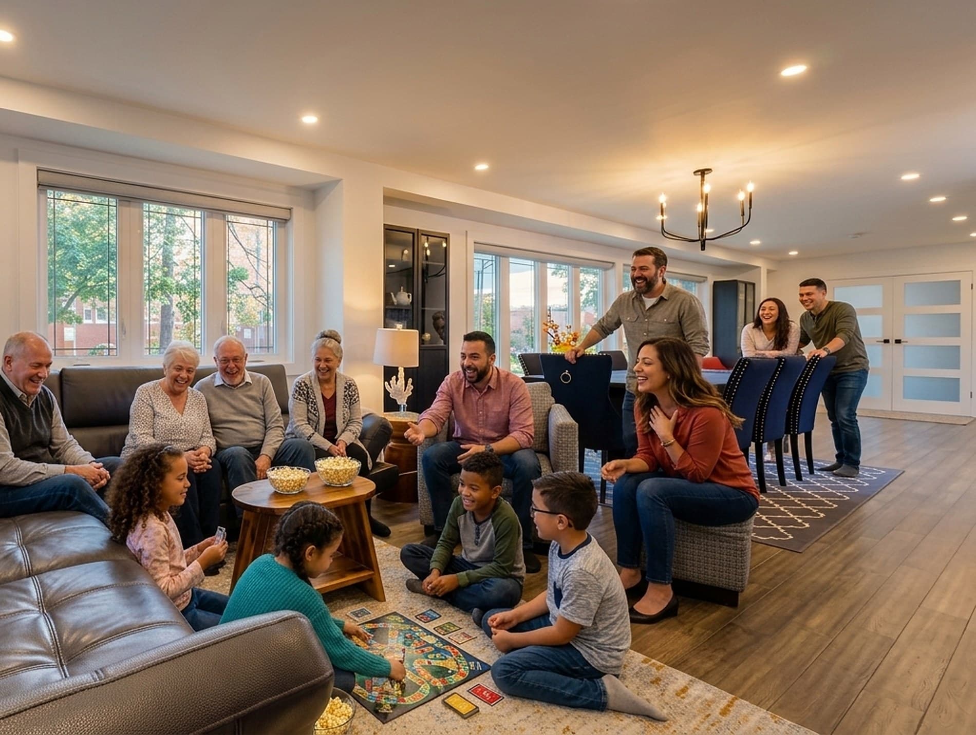 Three generations together in the open main level: grandparents and parents on the sectional, children on the rug with a board game, and more of the family standing at the dining table beyond
