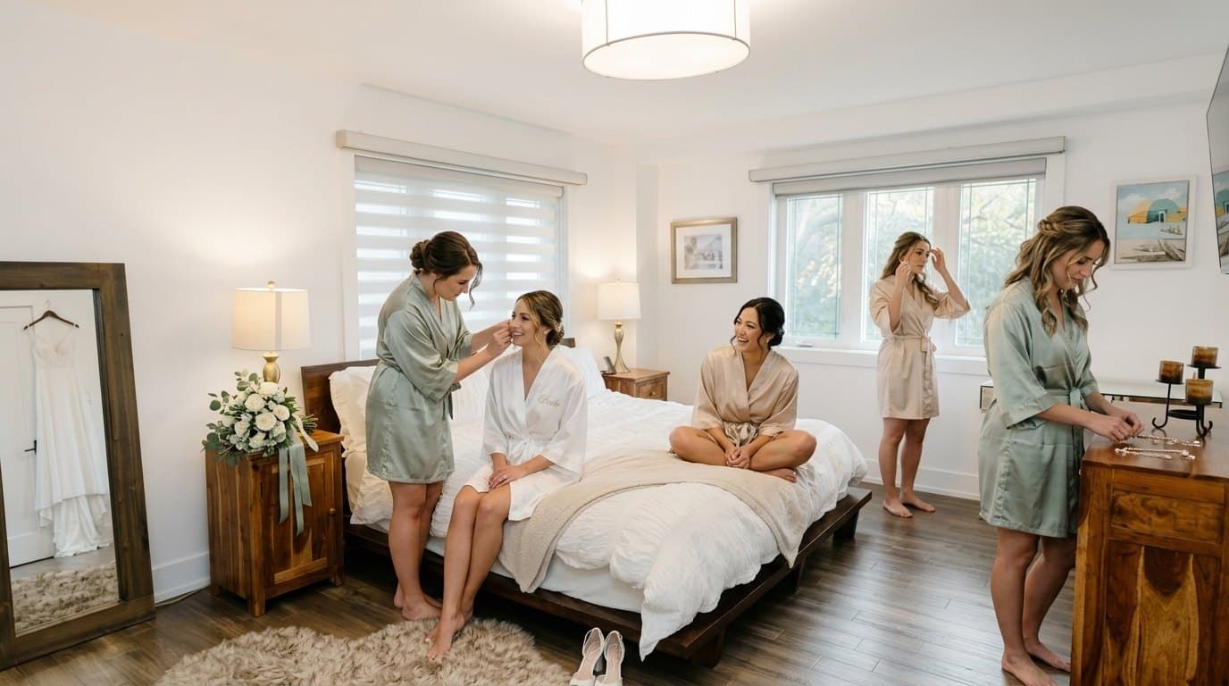 A wedding party getting ready in the primary bedroom at Gatherwell, the bride seated on the bed having her make-up done, the dress hanging by the leaning mirror