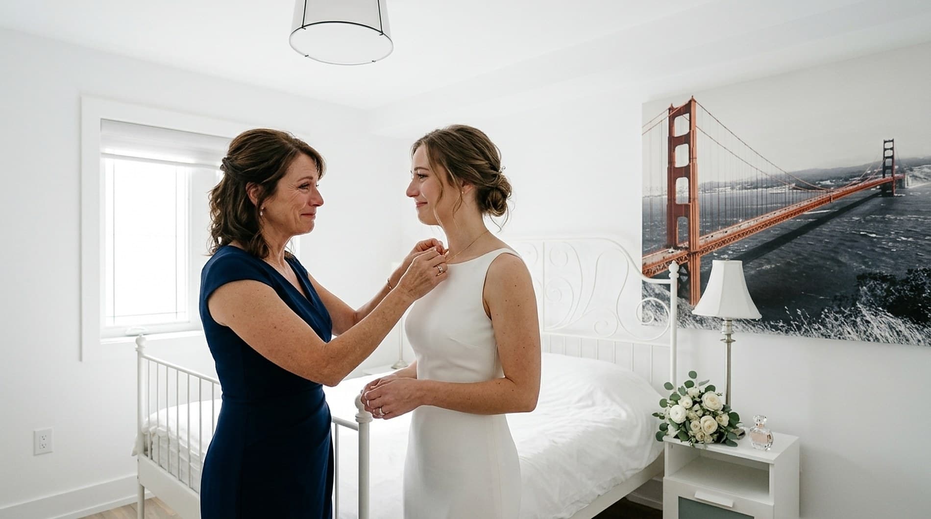 A mother fastening a necklace at her daughter’s throat on the morning of the wedding, the bride in her dress in one of the white guest bedrooms, a bouquet of white roses on the bedside table